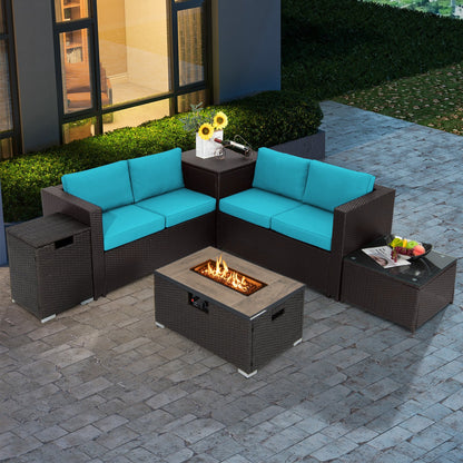 6 Pieces Outdoor Wicker Furniture Set with 32 Inch Propane Fire Pit Table-Beige