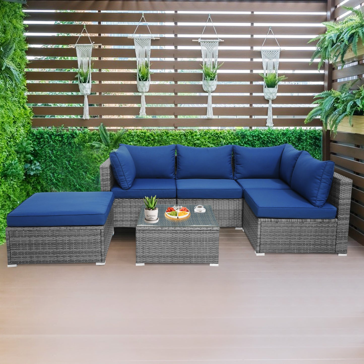 6 Pieces Outdoor Rattan Sofa Set with Seat and Back Cushions-Navy