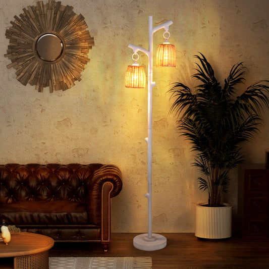 2 Light Tree Trunk Lamps with Wicker Shade-White