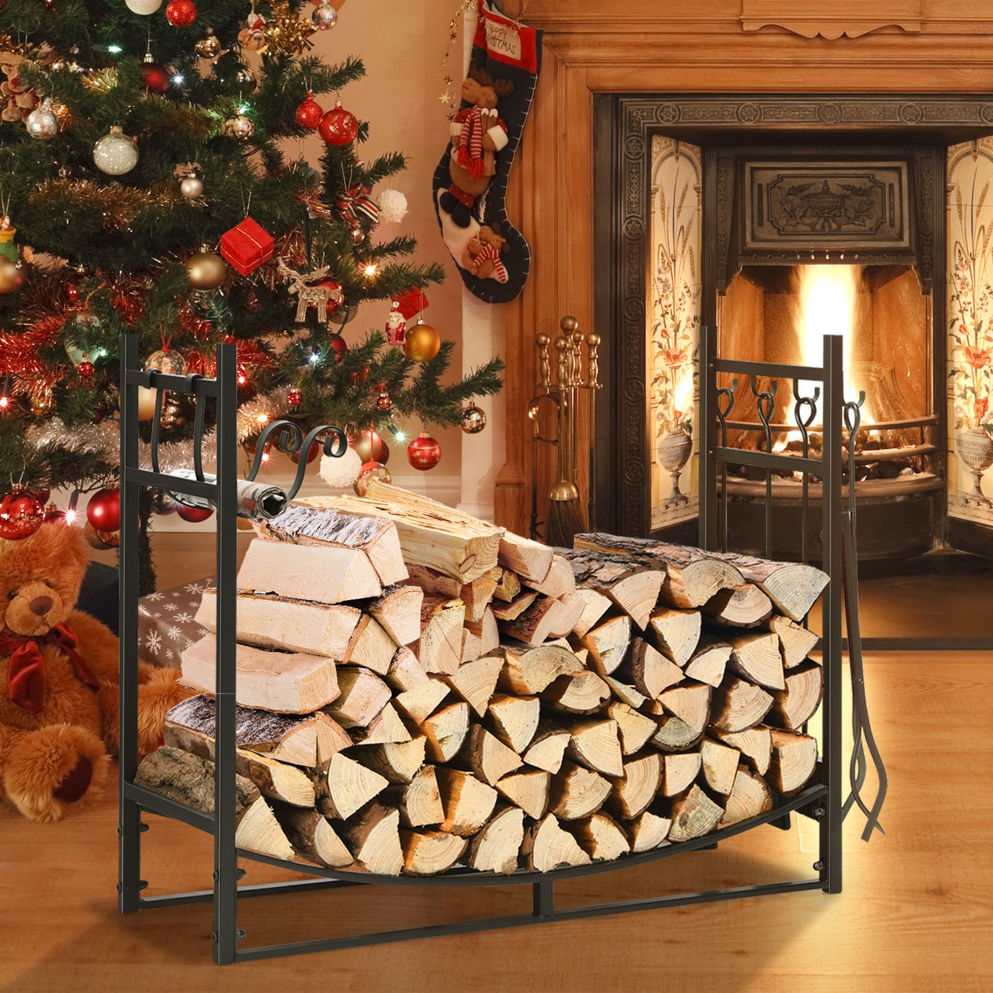 36 Inch Fireplace Log Holder with Kindling Holders and Shovel
