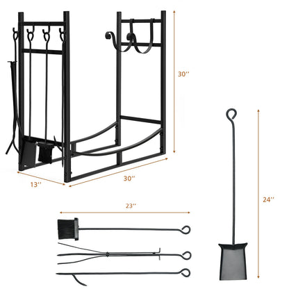 30 Inch Firewood Rack with 4 Tool Set Kindling Holders for Indoor and Outdoor