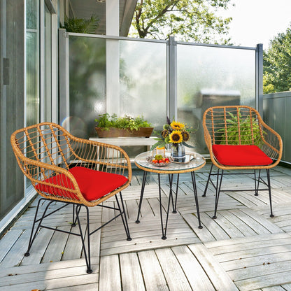 3 Pieces Rattan Furniture Set with Cushioned Chair Table-Black