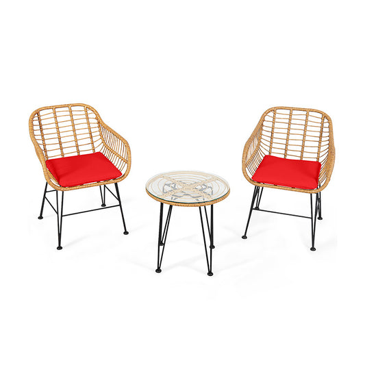 3 Pieces Rattan Furniture Set with Cushioned Chair Table-Red