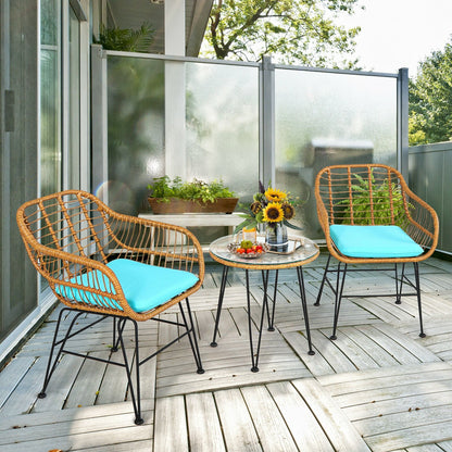 3 Pieces Rattan Furniture Set with Cushioned Chair Table-Black
