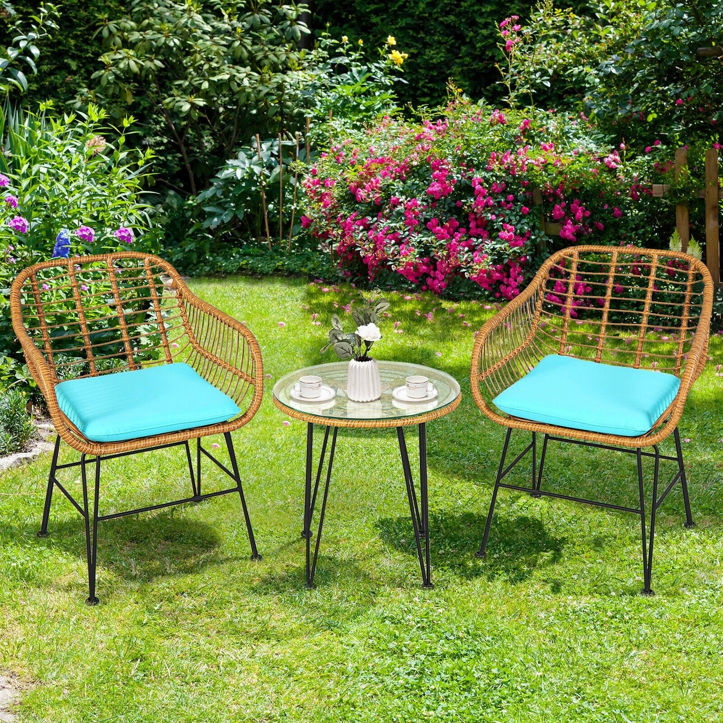 3 Pieces Rattan Furniture Set with Cushioned Chair Table-Black