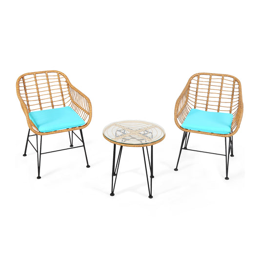 3 Pieces Rattan Furniture Set with Cushioned Chair Table-Turquoise
