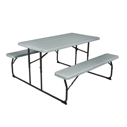 Indoor and Outdoor Folding Picnic Table Bench Set with Wood-like Texture-Gray