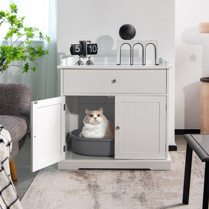 Wooden Cat Litter Box Enclosure with Drawer Side Table Furniture-Brown