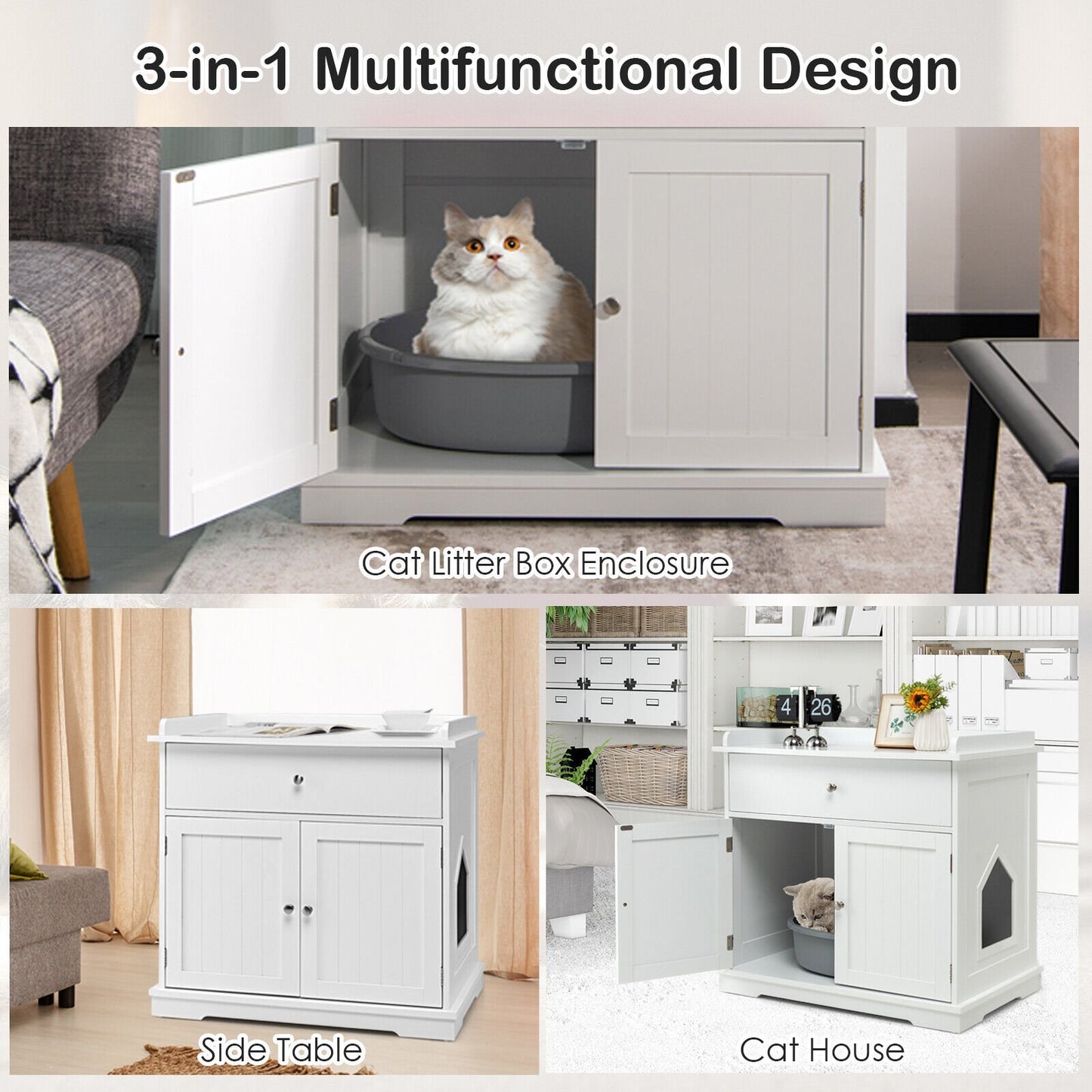 Wooden Cat Litter Box Enclosure with Drawer Side Table Furniture-Brown