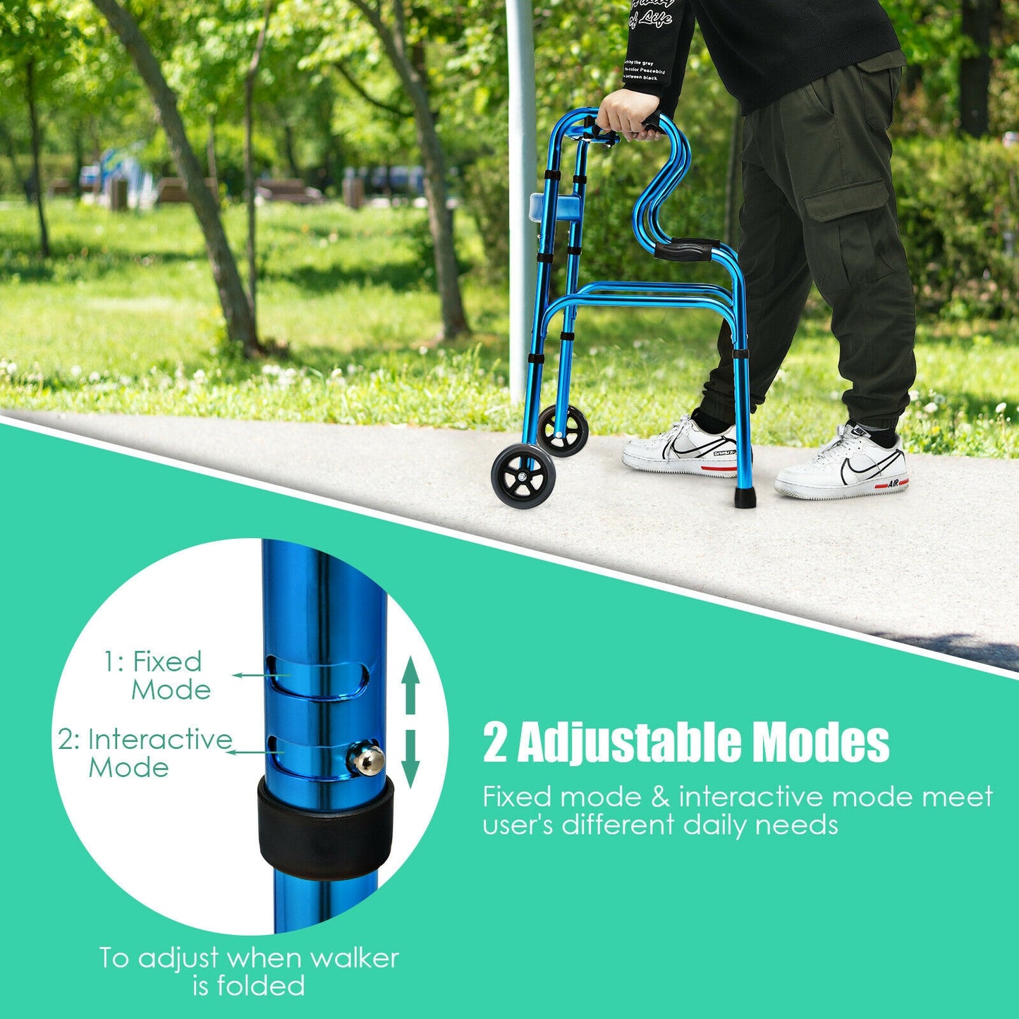 Aluminum Heavy-Duty Folding Wheeled Stand-Assist Walker-Blue