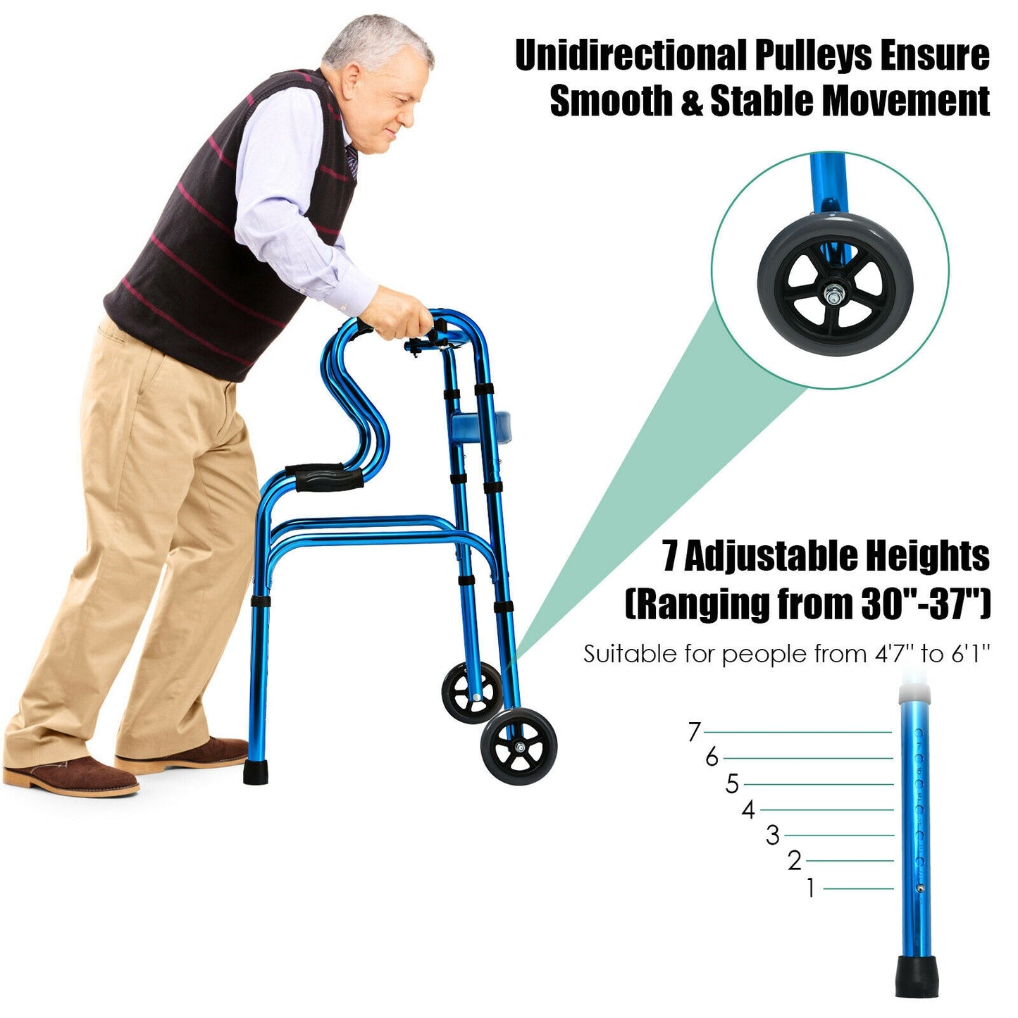 Aluminum Heavy-Duty Folding Wheeled Stand-Assist Walker-Blue