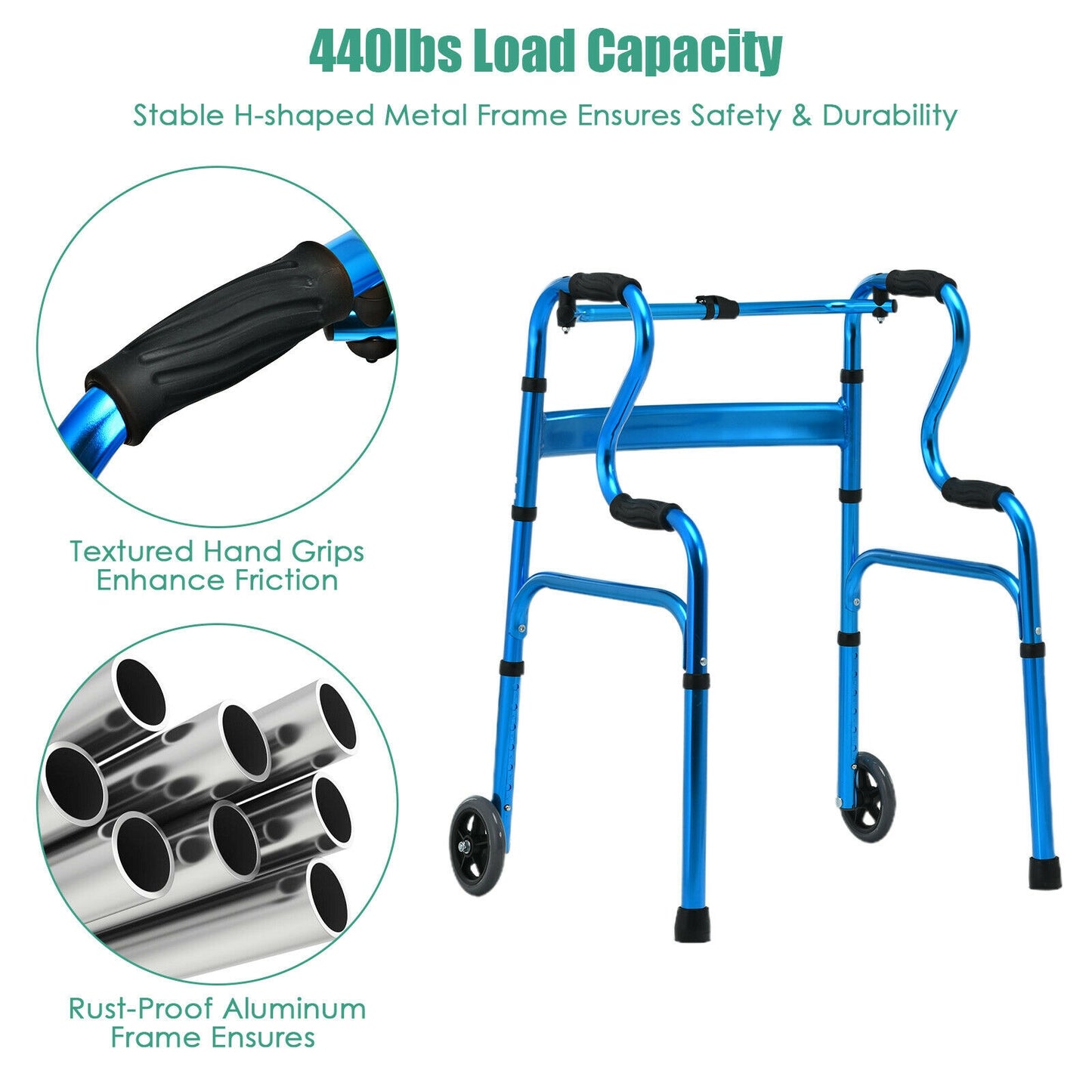 Aluminum Heavy-Duty Folding Wheeled Stand-Assist Walker-Blue