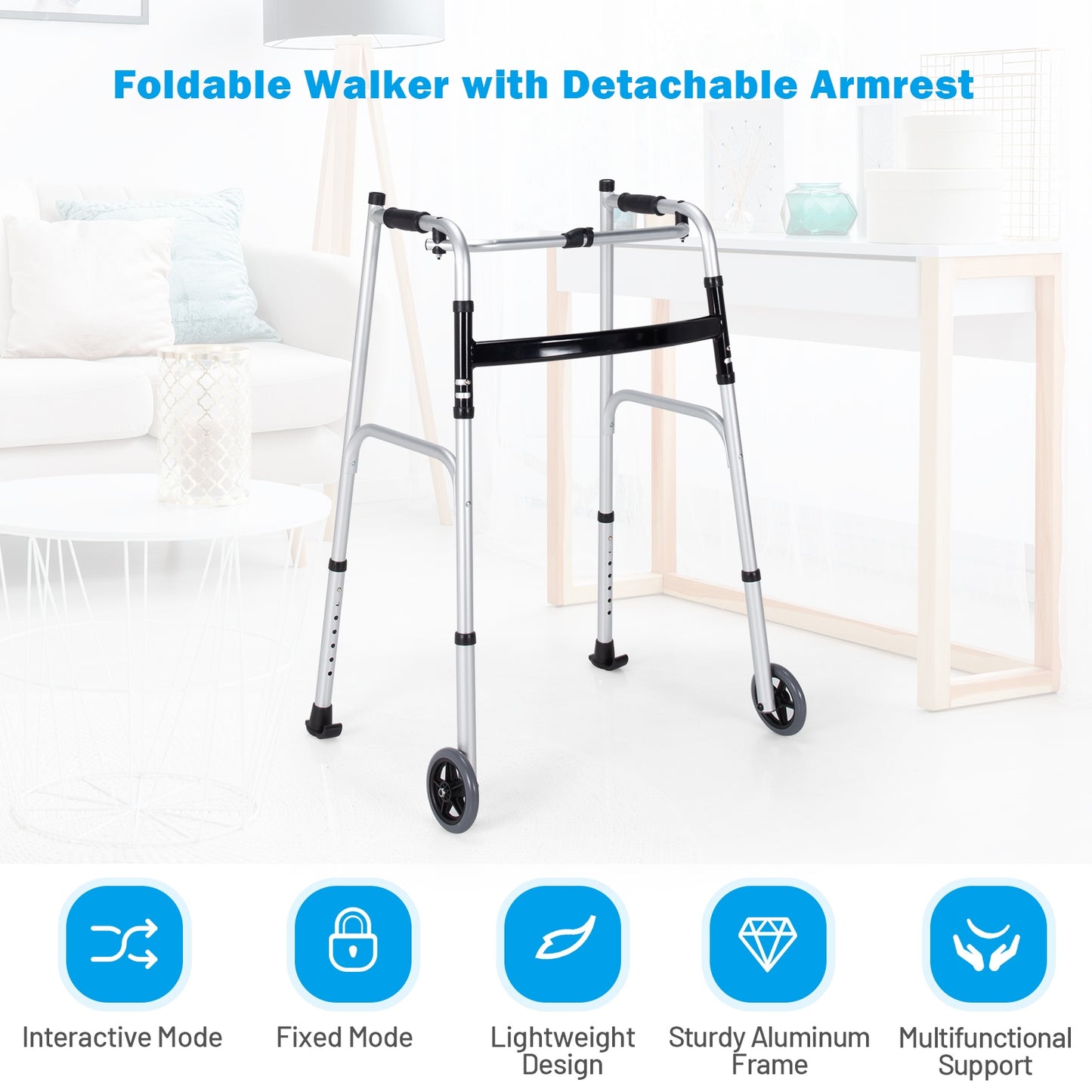 Folding Height Adjustable Walking Frame with Armrest Support-Silver