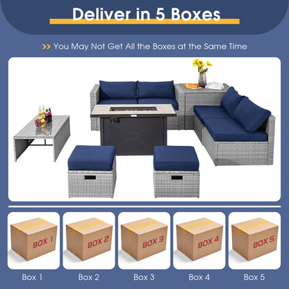 9 Pieces Patio Furniture Set with 42 Inches 60000 BTU Fire Pit-Navy
