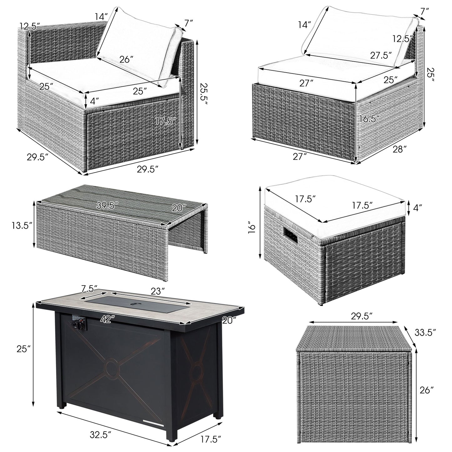 9 Pieces Patio Furniture Set with 42 Inches 60000 BTU Fire Pit-Navy