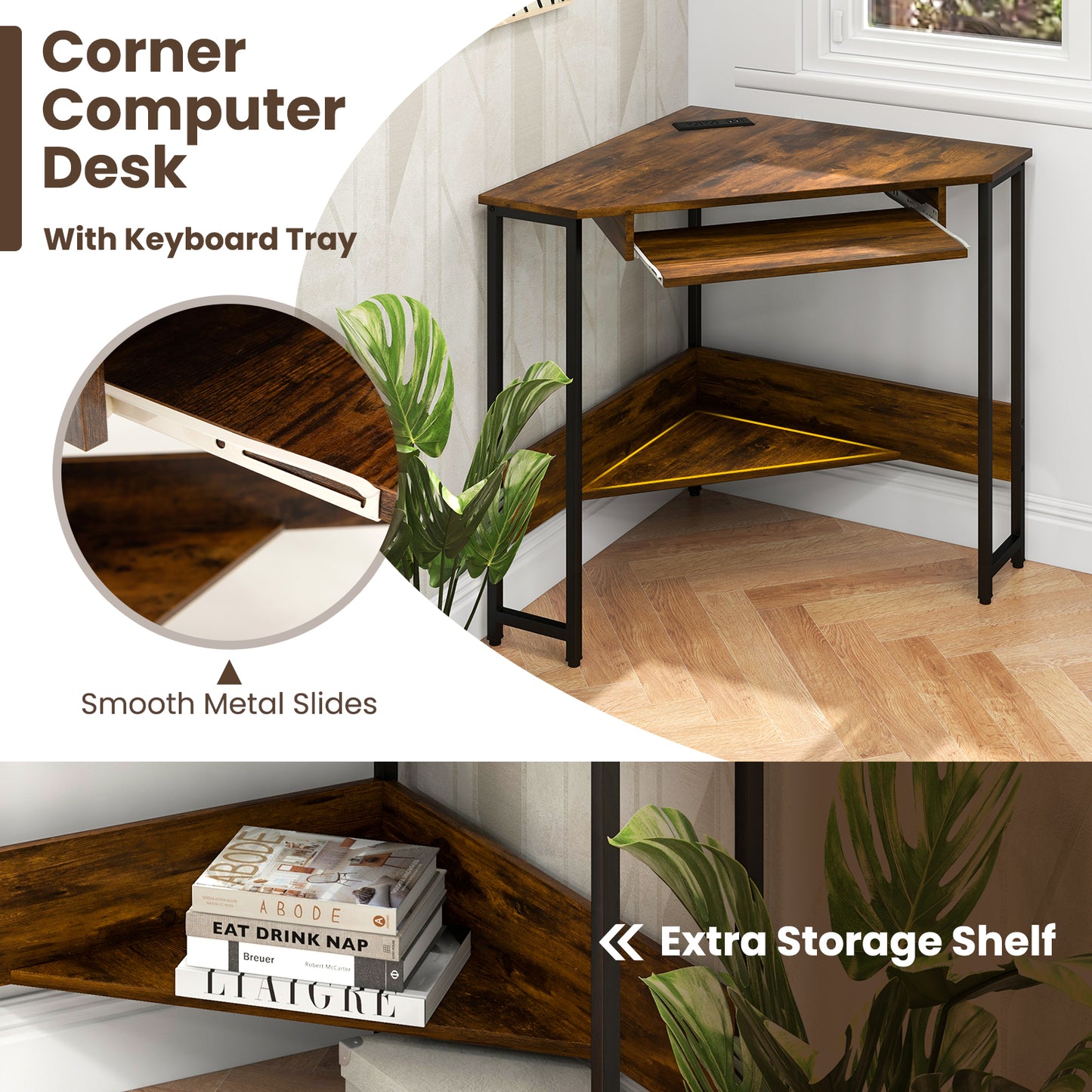 Triangle Corner Desk with Charging Station Keyboard Tray and Storage Shelf-Rustic Brown