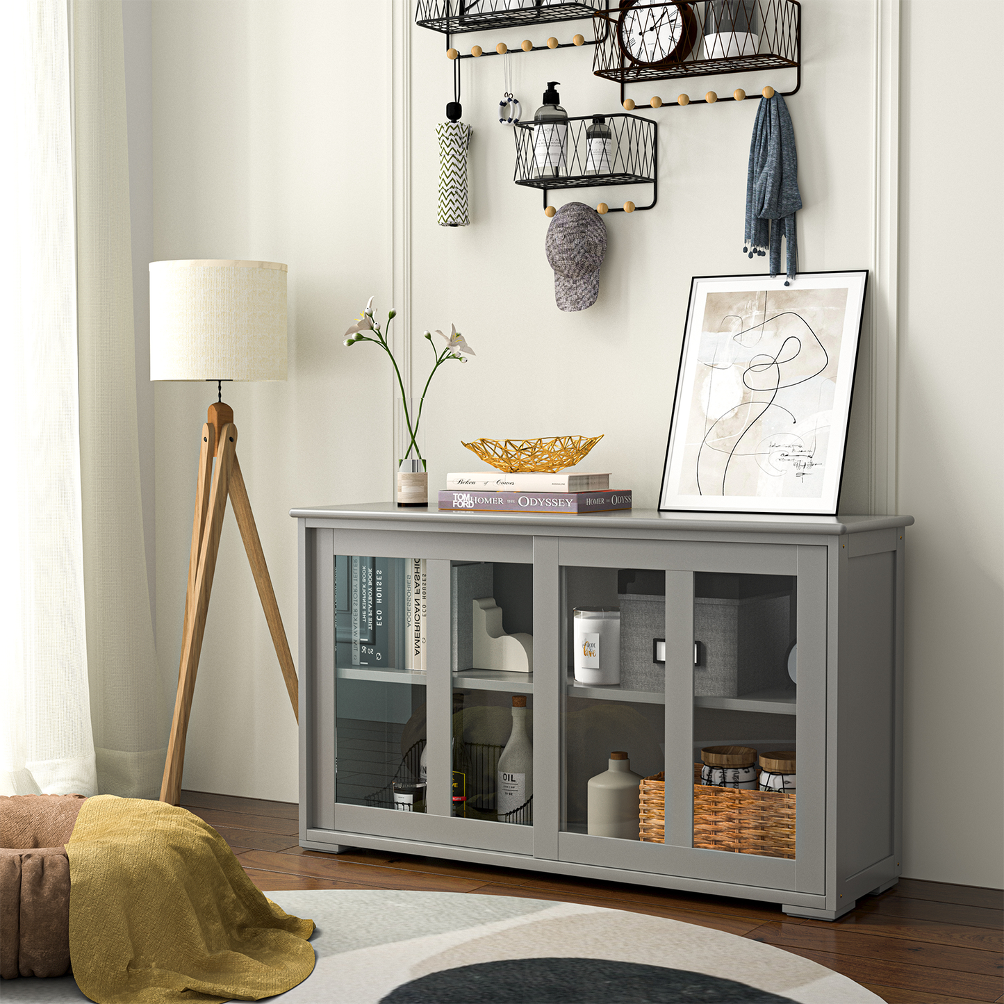 Kitchen Storage Cabinet with Glass Sliding Door-Black