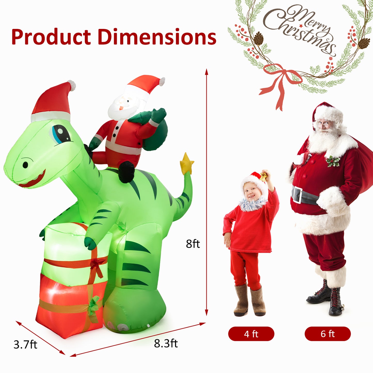 8 Feet Lighted Christmas Inflatable Santa Claus Dinosaur Decoration with Gift Boxes