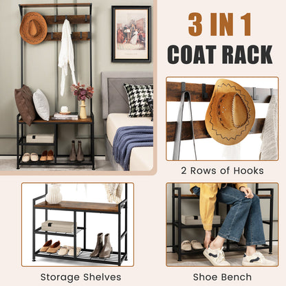 3-In-1 Industrial Coat Rack Stand with 9 Hooks Shoe Bench