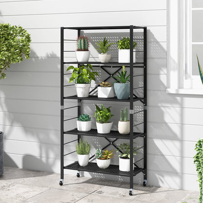 5-Tier Adjustable Shelves with Wheels for Garage Kitchen Balcony-Black