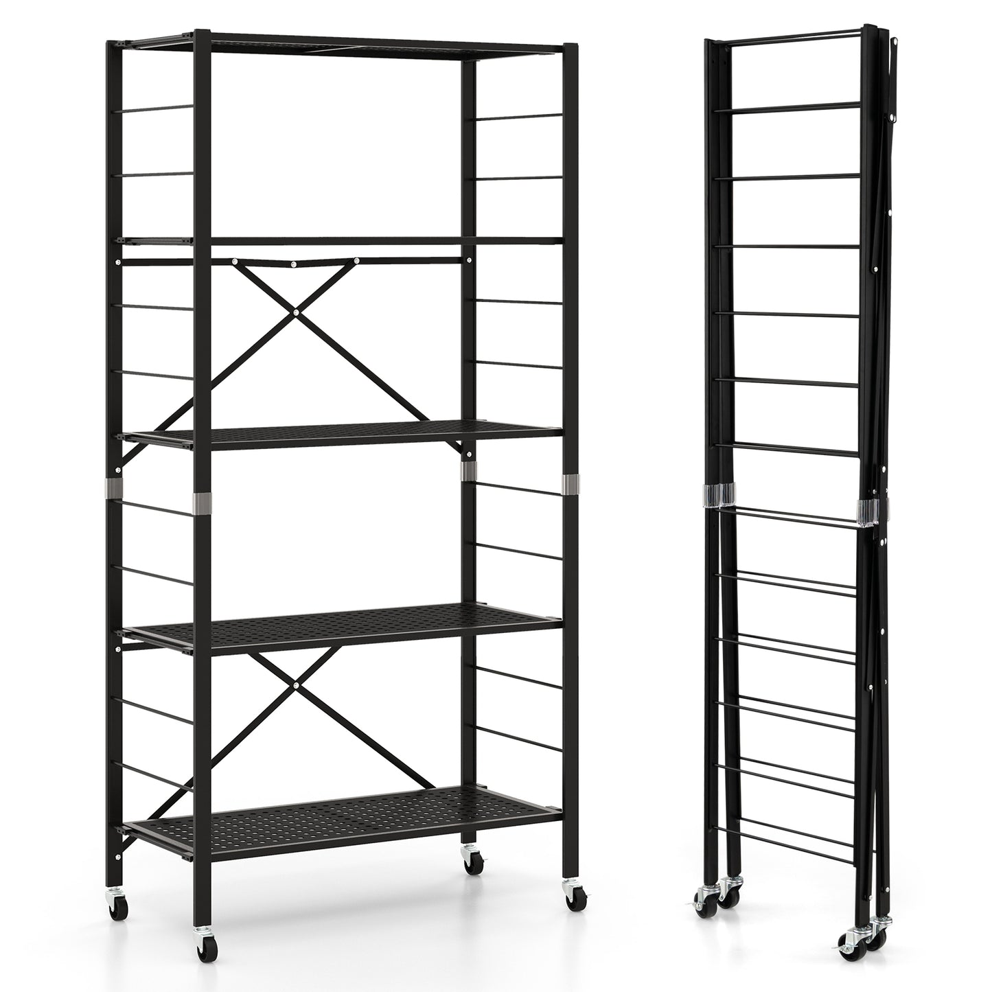 5-Tier Adjustable Shelves with Wheels for Garage Kitchen Balcony-Black