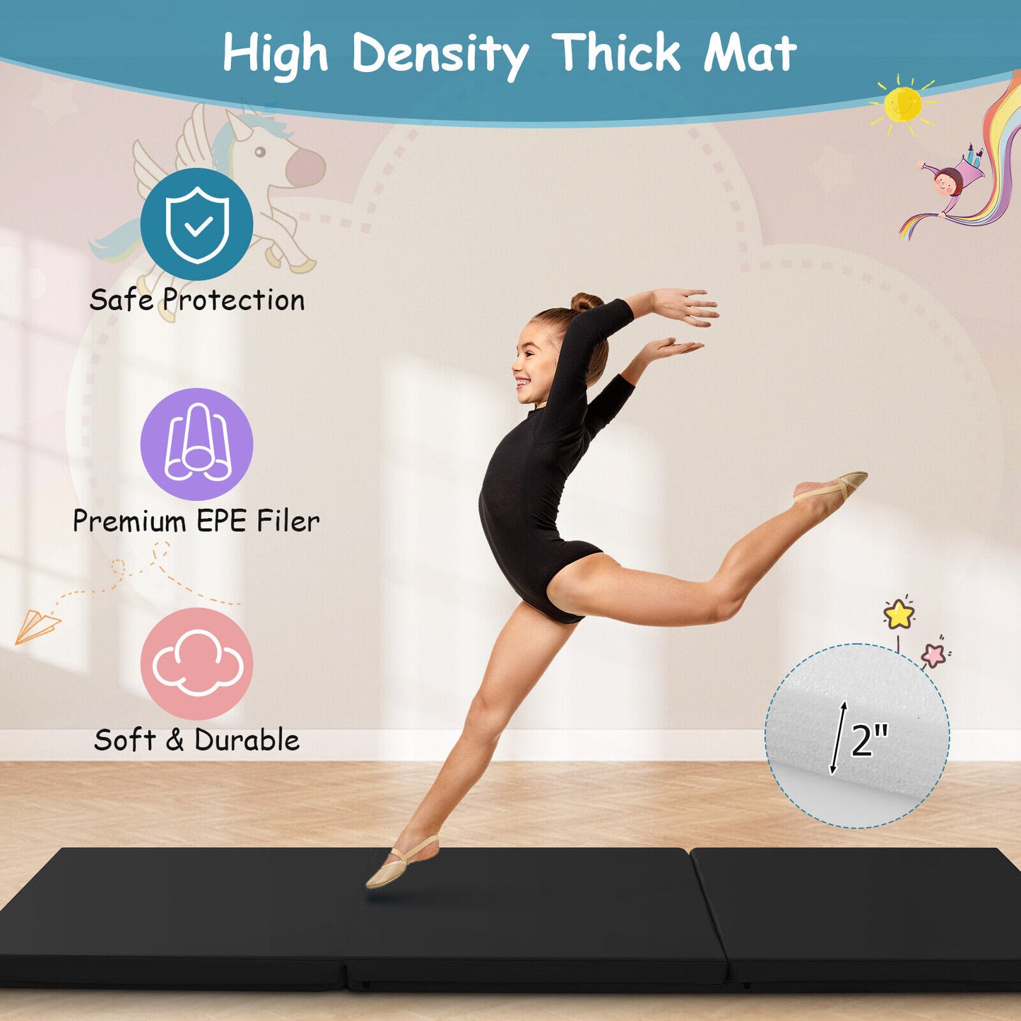 6 x 2 FT Tri-Fold Gym Mat with Handles and Removable Zippered Cover-Black