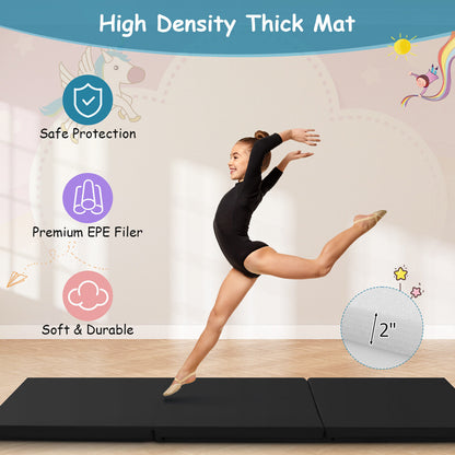 6 x 2 FT Tri-Fold Gym Mat with Handles and Removable Zippered Cover-Black