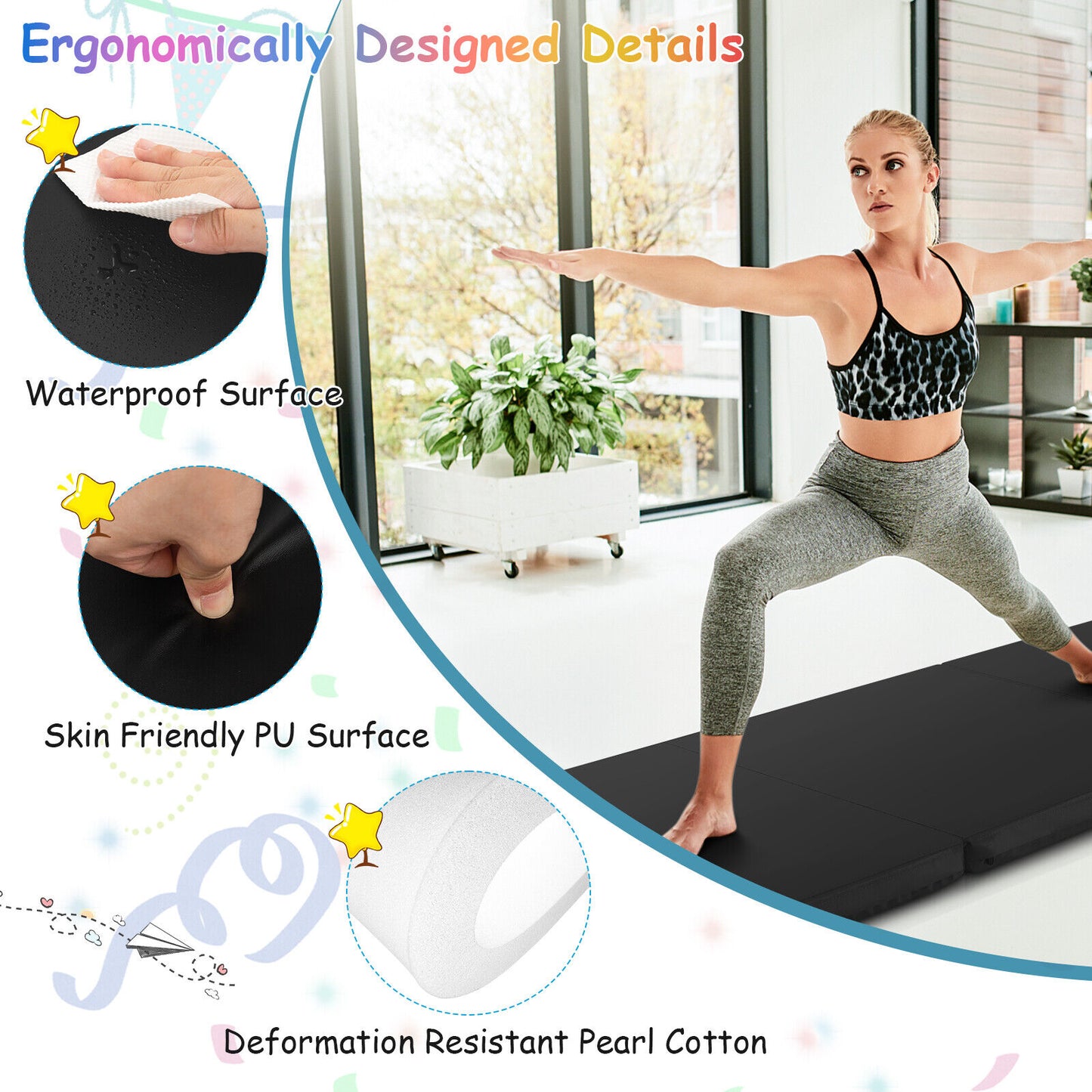 6 x 2 FT Tri-Fold Gym Mat with Handles and Removable Zippered Cover-Black