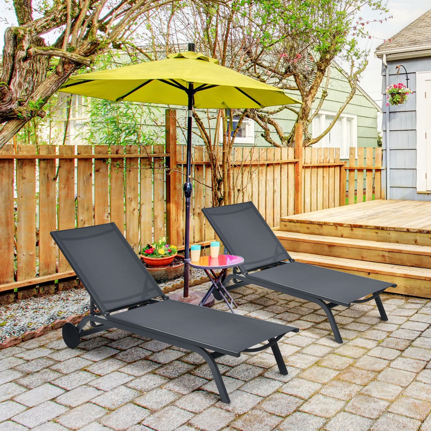 Aluminum Fabric Outdoor Patio Lounge Chair with Adjustable Reclining -Black
