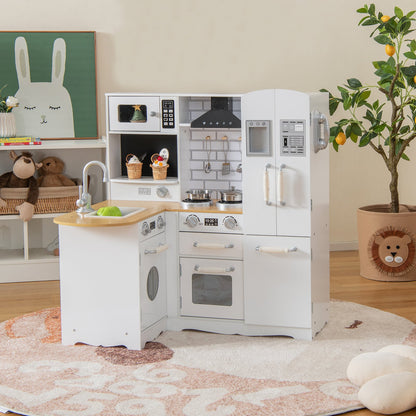 Wooden Kid's Corner Kitchen Playset with Stove for Toddlers-Natural & White