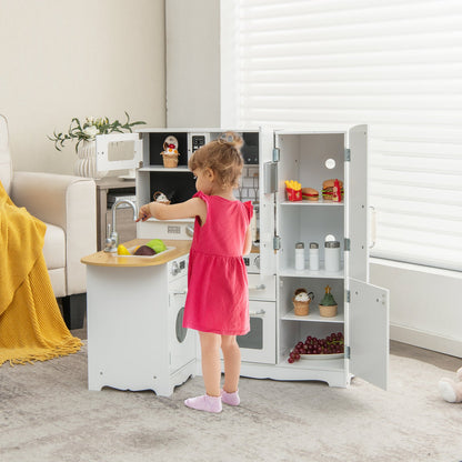 Wooden Kid's Corner Kitchen Playset with Stove for Toddlers-Natural & White