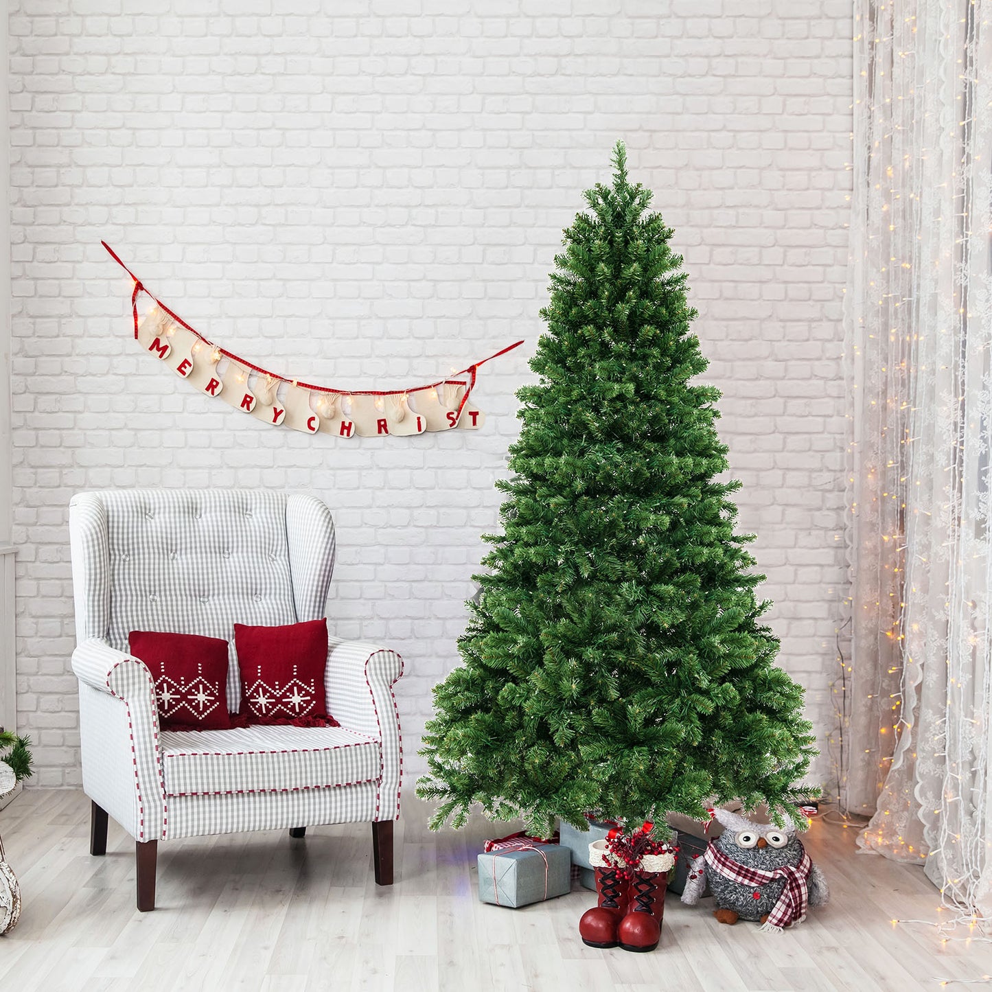 6/7/8 Feet Hinged Christmas Tree with PVC Branch Tips Warm White LED Lights-8 ft