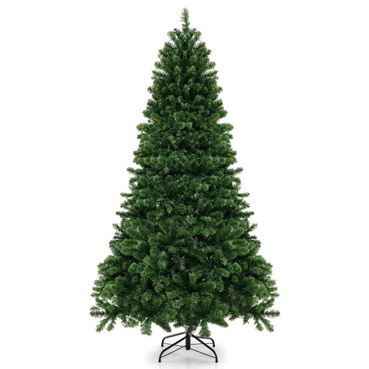 6 to 8-foot hinged artificial Christmas tree with PVC branch tips and warm white LED lights, perfect for holiday decor.