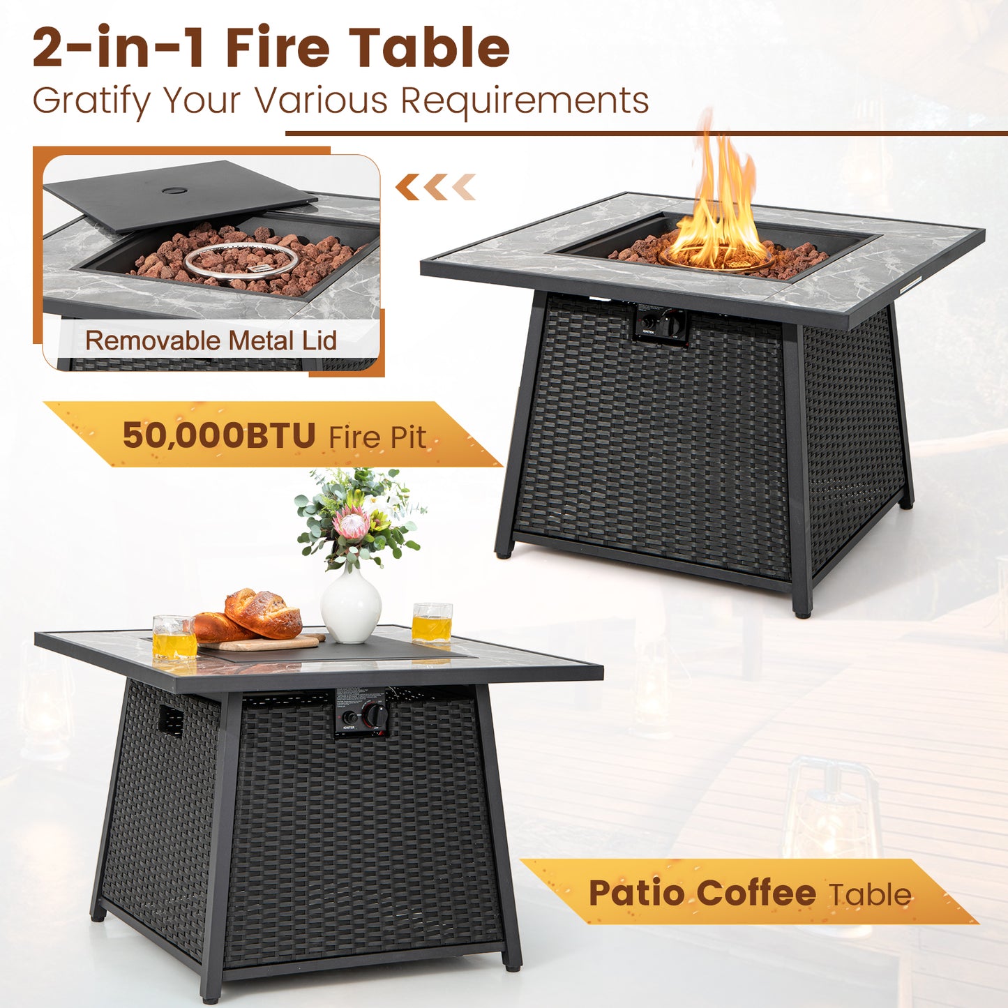 35 Inch Propane Gas Fire Pit Table Wicker Rattan with Lava Rocks PVC Cover-Black