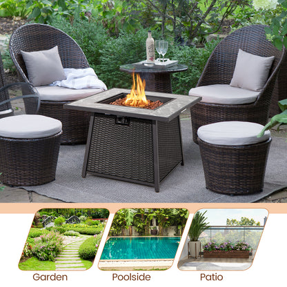 35 Inch Propane Gas Fire Pit Table Wicker Rattan with Lava Rocks PVC Cover-Black