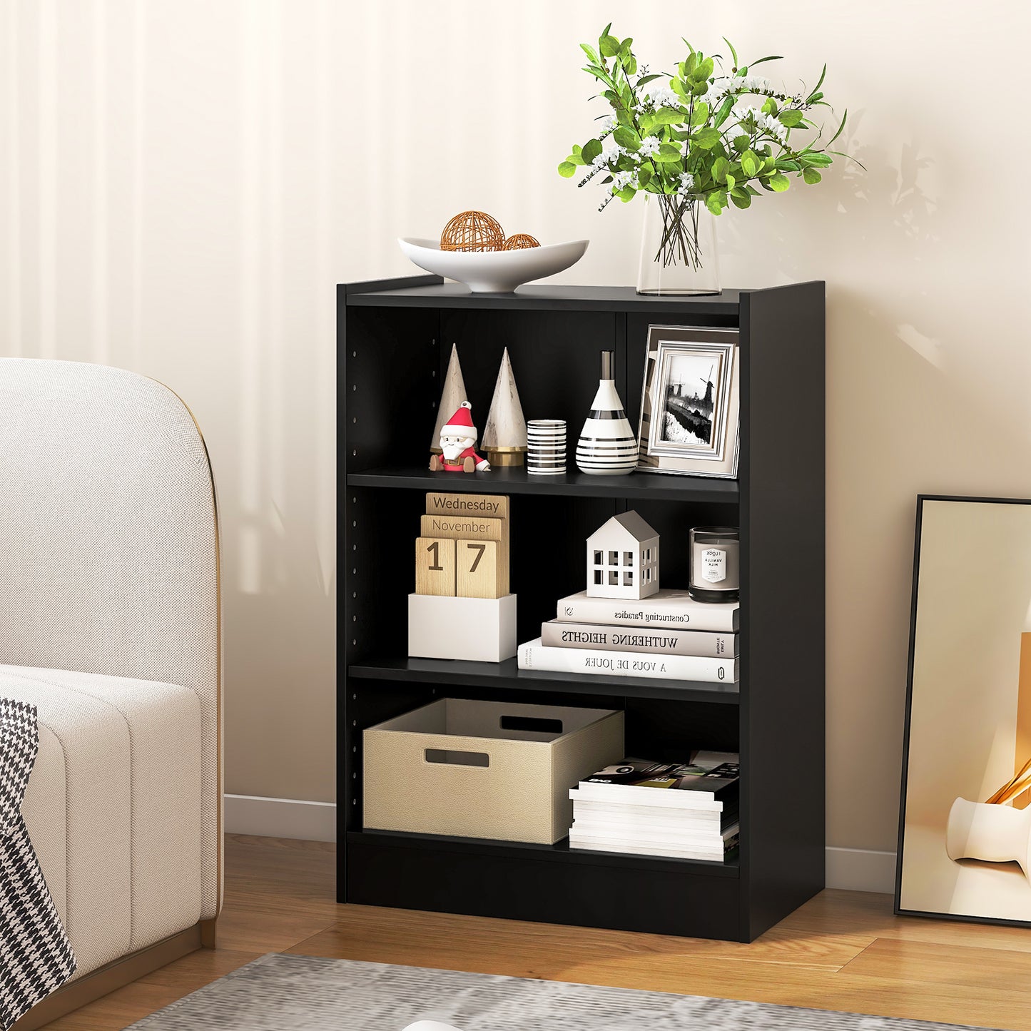 3-Tier Bookcase Open Display Rack Cabinet with Adjustable Shelves-Black