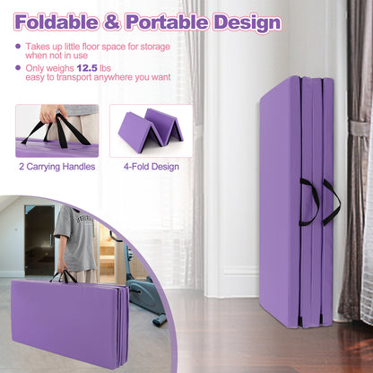 Folding Gymnastics Mat with Carry Handles and Sweatproof Detachable PU Leather Cover-Purple