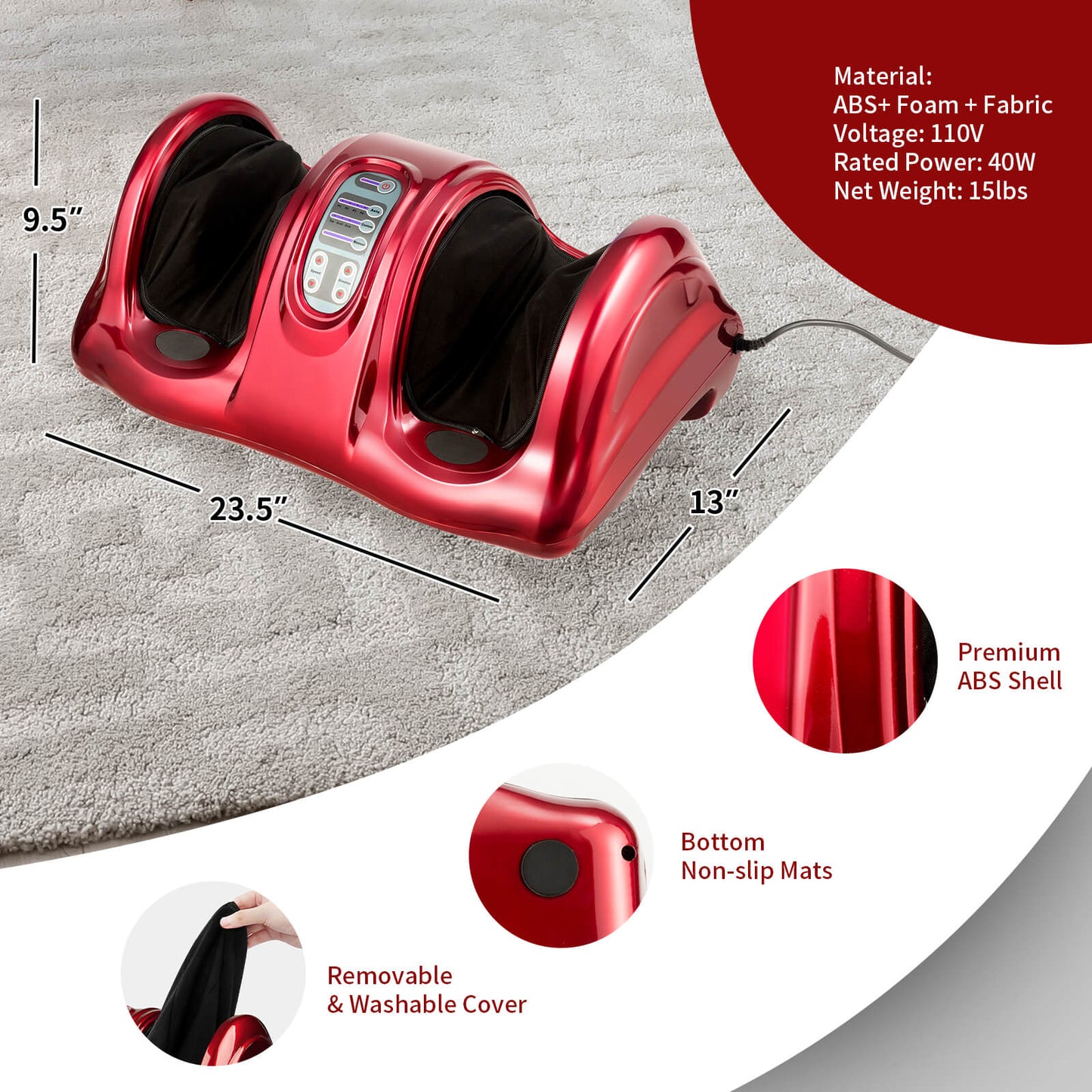 Therapeutic Shiatsu Foot Massager with High Intensity Rollers-Wine