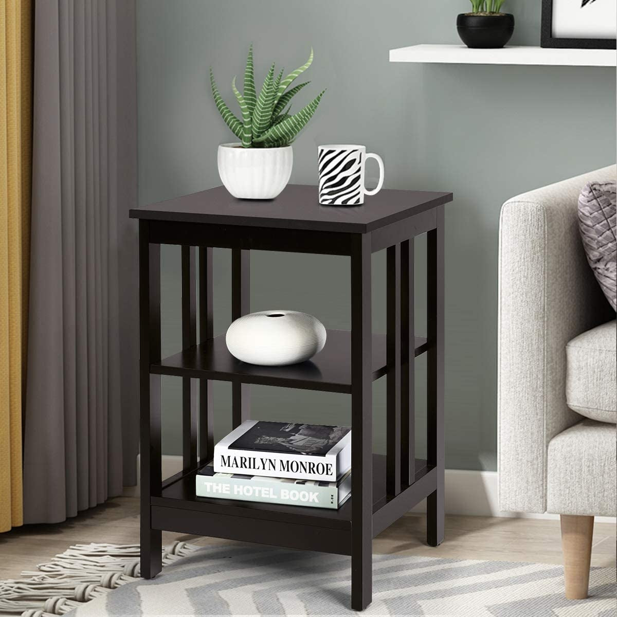 Set of 2 Multifunctional 3-Tier Nightstand Sofa Side Table with Reinforced Bars and Stable Structure-Black