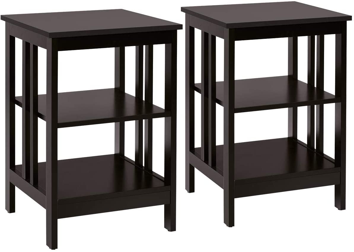 Set of 2 Multifunctional 3-Tier Nightstand Sofa Side Table with Reinforced Bars and Stable Structure-Black