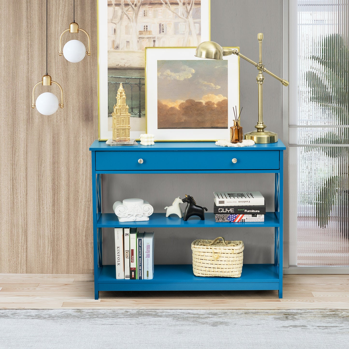 Console Table 3-Tier with Drawer and Storage Shelves-Blue