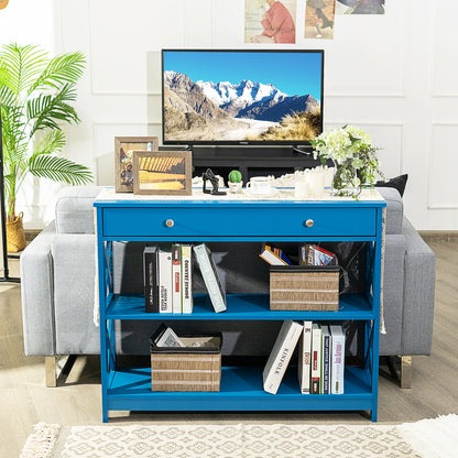 Console Table 3-Tier with Drawer and Storage Shelves-Blue
