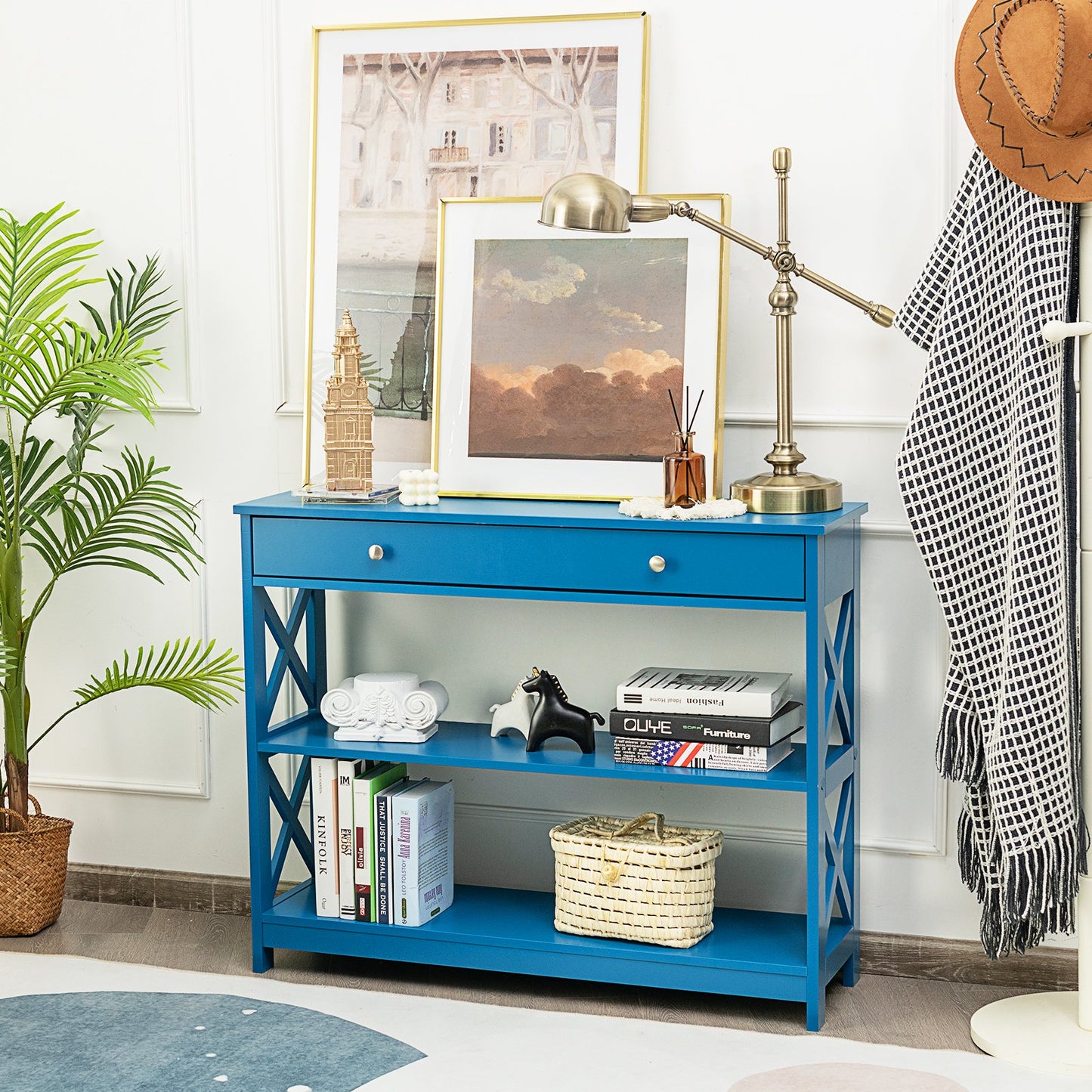 Console Table 3-Tier with Drawer and Storage Shelves-Blue