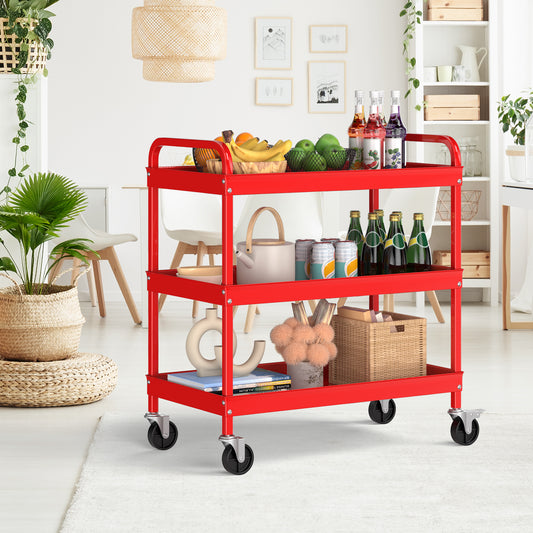 3-Tier Metal Utility Cart with Lockable Casters and Handles-Red