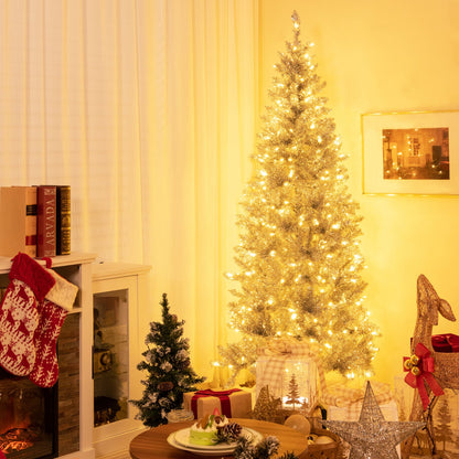 6/7 FT Pre-Lit Artificial Silver Tinsel Xmas Tree with 790 Branch Tips and 300 LED Lights-7 ft