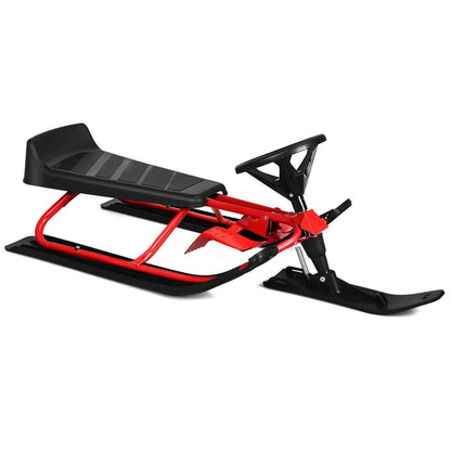 Kids Snow Sled with Steering Wheel and Double Brakes Pull Rope-Black