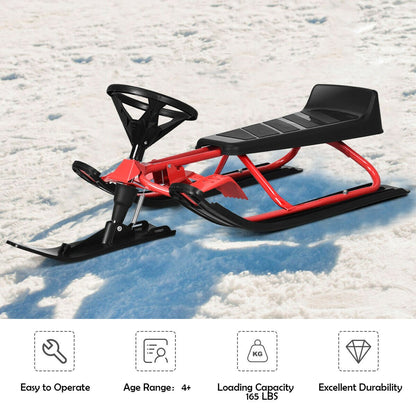Kids Snow Sled with Steering Wheel and Double Brakes Pull Rope-Black