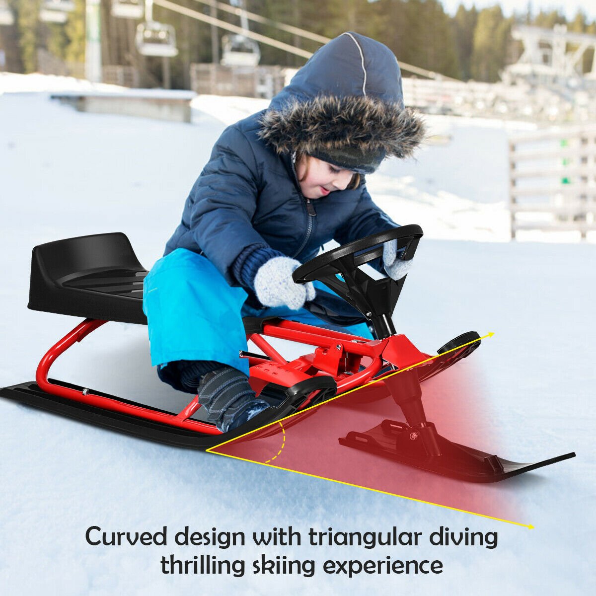Kids Snow Sled with Steering Wheel and Double Brakes Pull Rope-Black