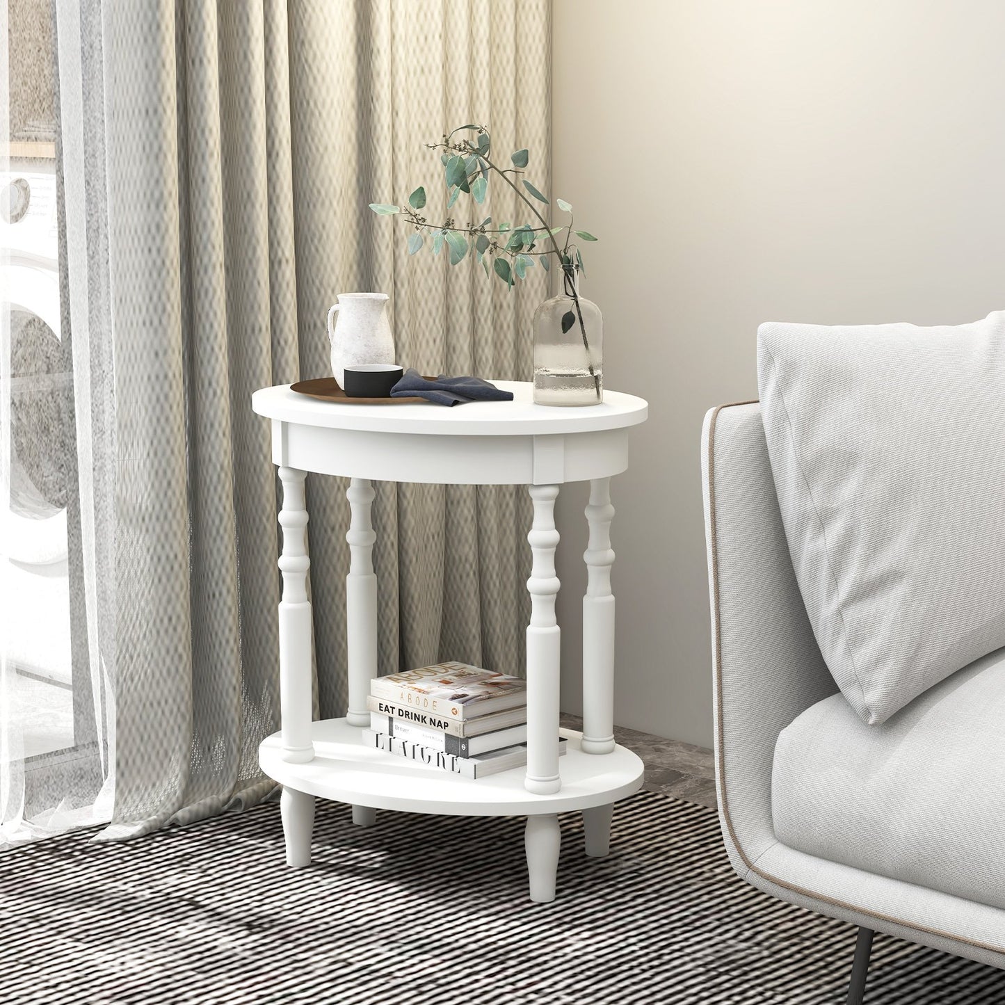 2-Tier Oval Side Table with Storage Shelf and Solid Wood Legs-Espresso