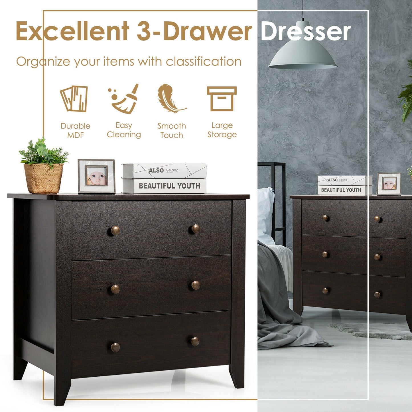 3 Drawer Dresser Chest of Drawers Bedside Table-Black